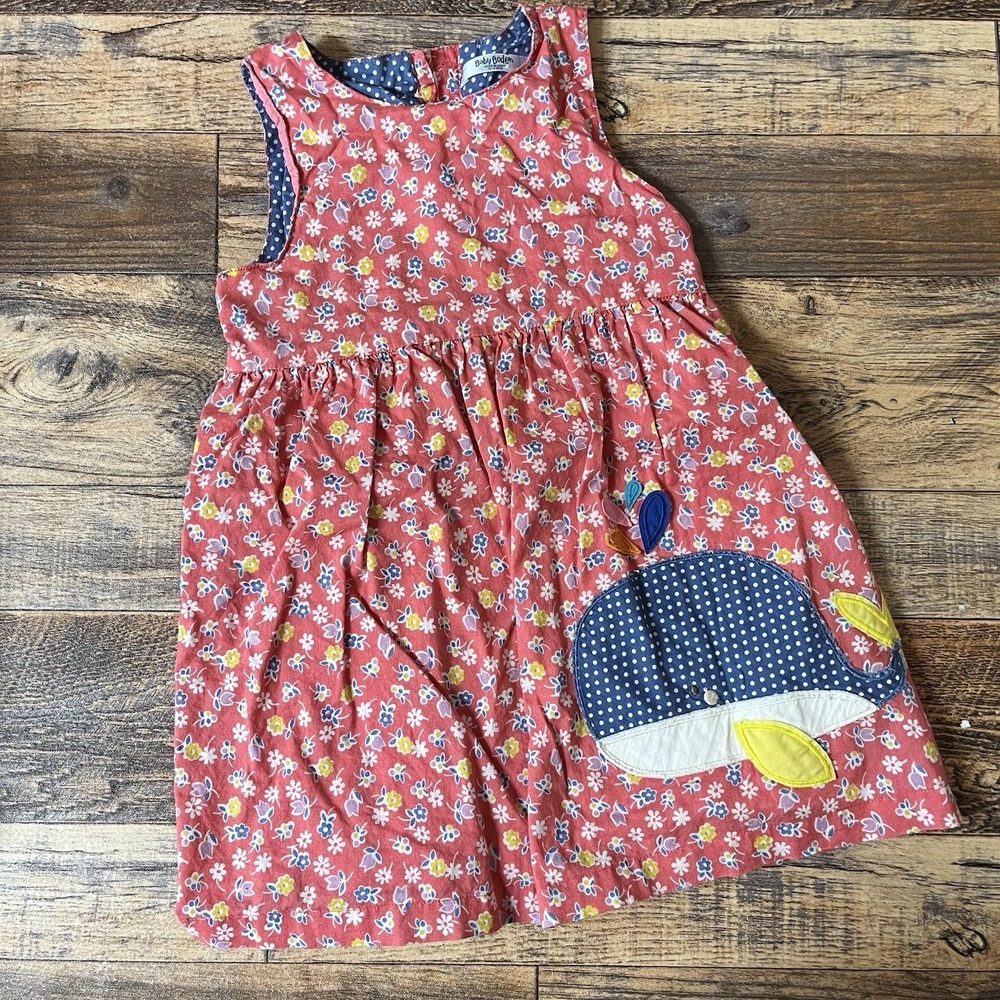 Baby Boden Floral Applique Dress Baby Girls‎ 18-24m Lined Cotton Whale Beach
